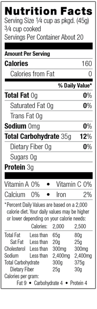 Nutrional Information for Long Grain White Rice