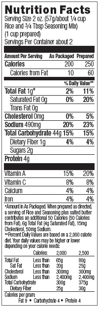 Nutrional Information for Long Grain & Wild Rice Traditional Herbs & Seasoning