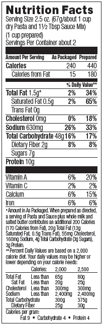 Nutrional Information for Herb & Butter Flavor Pasta